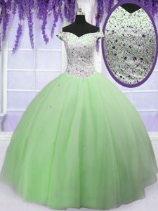 Pretty Off the Shoulder Tulle Short Sleeves Floor Length Ball Gown Prom Dress and Beading