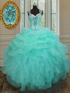 Colorful Straps Straps Apple Green Sleeveless Floor Length Beading and Ruffles Zipper Quince Ball Gowns
