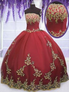 Coral Red Strapless Zipper Appliques Quinceanera Dresses Sleeveless