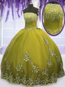 Top Selling Sleeveless Tulle Floor Length Zipper 15 Quinceanera Dress in Olive Green for with Appliques