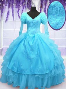Unique Long Sleeves Floor Length Lace Up Sweet 16 Dresses Baby Blue and In for Military Ball and Sweet 16 and Quinceanera with Embroidery