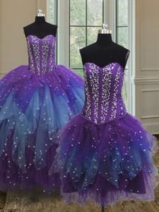 Attractive Three Piece Multi-color Ball Gowns Sweetheart Sleeveless Tulle Floor Length Lace Up Beading and Ruffles and Sequins Sweet 16 Dress