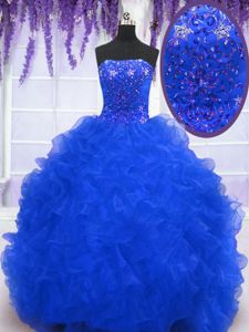 Adorable Brush Train Ball Gowns Quinceanera Dress Royal Blue Strapless Organza Sleeveless With Train Lace Up