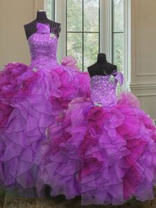 Organza Strapless Sleeveless Lace Up Beading and Ruffles Quinceanera Dresses in Multi-color
