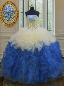 Scoop Beading and Ruffles Sweet 16 Quinceanera Dress Baby Blue Lace Up Sleeveless Floor Length