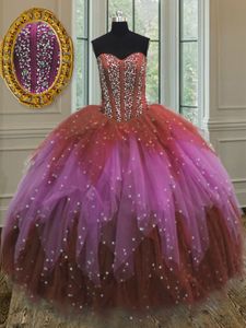 Perfect Multi-color Ball Gowns Tulle Sweetheart Sleeveless Beading and Ruffles and Sequins Floor Length Lace Up Quinceanera Gowns