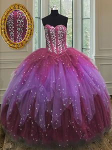 Multi-color Ball Gowns Tulle Sweetheart Sleeveless Beading and Ruffles and Sequins Floor Length Lace Up Quinceanera Gown