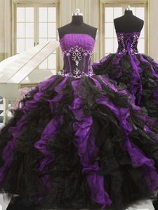 Customized Black And Purple Ball Gowns Strapless Sleeveless Organza Floor Length Lace Up Beading and Ruffles Sweet 16 Dresses