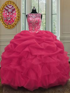 Coral Red Organza Lace Up Scoop Sleeveless Floor Length Sweet 16 Dress Beading and Pick Ups