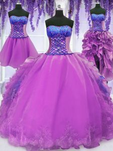 Four Piece Purple Ball Gowns Embroidery and Ruffles Vestidos de Quinceanera Lace Up Organza Sleeveless Floor Length