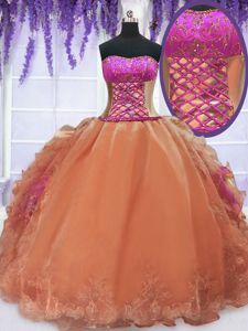Edgy Orange Sleeveless Organza Lace Up Quinceanera Dresses for Military Ball and Sweet 16 and Quinceanera