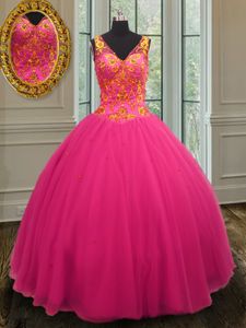 On Sale Hot Pink V-neck Zipper Beading Sweet 16 Dresses Sleeveless