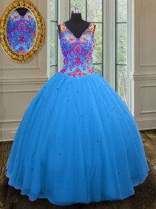 Comfortable Straps Straps Blue Zipper 15th Birthday Dress Beading and Sequins Sleeveless Floor Length