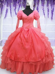 V-neck Long Sleeves Lace Up Sweet 16 Dresses Coral Red Organza