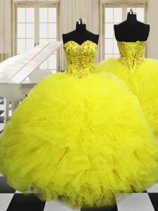 Artistic Floor Length Ball Gowns Sleeveless Light Yellow Quinceanera Gowns Lace Up