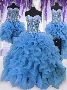 Fantastic Four Piece Blue Lace Up Sweetheart Ruffles and Sequins Vestidos de Quinceanera Organza Sleeveless