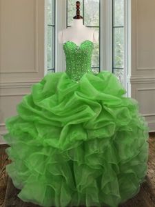 Exceptional Watermelon Red Organza Lace Up Quinceanera Dresses Sleeveless Floor Length Beading and Ruffles