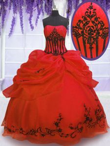 Suitable Sleeveless Organza Floor Length Lace Up 15th Birthday Dress in Red for with Embroidery and Pick Ups