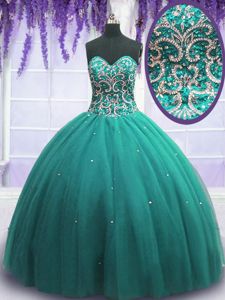 Sleeveless Tulle Floor Length Lace Up Sweet 16 Quinceanera Dress in Green for with Beading and Sequins