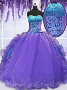 Ball Gowns Sweet 16 Dresses Lavender Strapless Organza Sleeveless Floor Length Lace Up