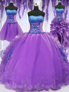 Luxury Four Piece Lavender Lace Up Strapless Embroidery and Ruffles Quince Ball Gowns Organza Sleeveless