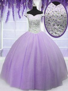 Edgy Off The Shoulder Short Sleeves 15th Birthday Dress Floor Length Beading Lavender Tulle