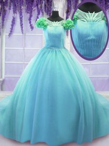 Perfect Scoop Short Sleeves Lace Up Quinceanera Gown Blue and In for Military Ball and Sweet 16 and Quinceanera with Hand Made Flower Court Train