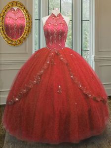 Fitting Halter Top Wine Red Tulle Lace Up 15 Quinceanera Dress Sleeveless Floor Length Beading and Appliques