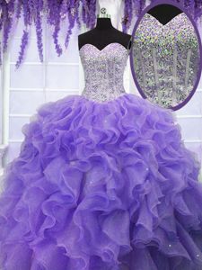Dazzling Four Piece Sequins Ball Gowns Quince Ball Gowns Lilac Sweetheart Organza Sleeveless Floor Length Lace Up