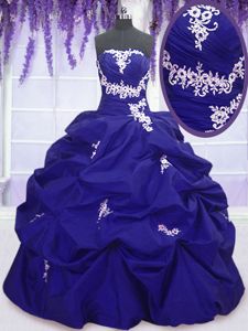 Strapless Sleeveless Quinceanera Court of Honor Dress Floor Length Appliques and Pick Ups Royal Blue Taffeta