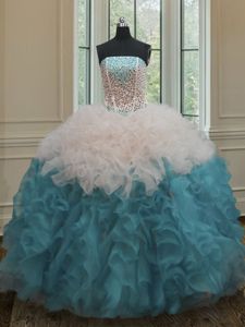 Custom Designed Sequins Pick Ups Floor Length Ball Gowns Sleeveless Teal Quinceanera Gowns Lace Up