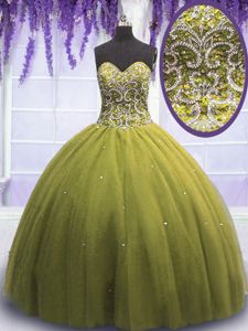 Olive Green Sweetheart Lace Up Beading and Appliques 15 Quinceanera Dress Sleeveless