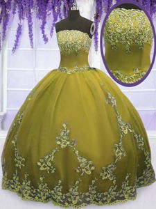 Luxurious Sleeveless Tulle Floor Length Zipper Sweet 16 Dresses in Olive Green for with Appliques