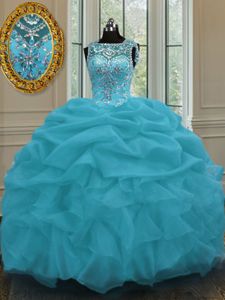 Organza Scoop Sleeveless Lace Up Beading and Pick Ups Vestidos de Quinceanera in Baby Blue