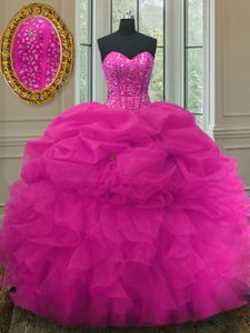 Sweetheart Sleeveless 15 Quinceanera Dress Floor Length Ruffles and Sequins Purple Organza