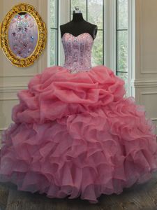Custom Designed Pick Ups Ball Gowns Quince Ball Gowns Watermelon Red Sweetheart Organza Sleeveless Floor Length Lace Up
