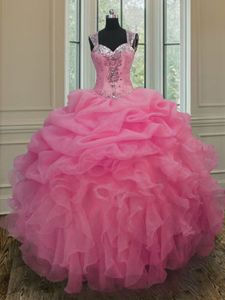 Straps Straps Organza Sleeveless Floor Length Vestidos de Quinceanera and Beading and Ruffles