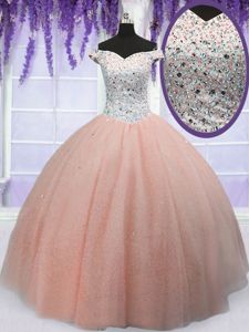 Sumptuous Off The Shoulder Short Sleeves Quinceanera Dress Floor Length Beading Peach Tulle