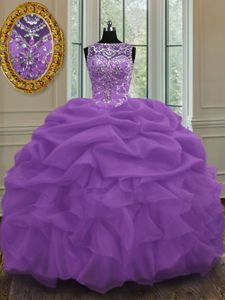 Purple Organza Lace Up Scoop Sleeveless Floor Length Quinceanera Gowns Beading and Pick Ups