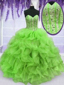 Sleeveless Floor Length Ruffles and Sequins Lace Up Sweet 16 Dress with