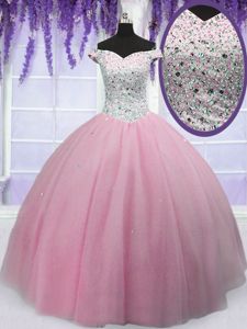 Exquisite Off the Shoulder Baby Pink Short Sleeves Floor Length Beading Lace Up 15 Quinceanera Dress