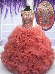 Coral Red Sweet 16 Dresses Military Ball and Sweet 16 and Quinceanera and For with Beading and Ruffles Scoop Sleeveless Lace Up