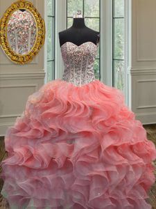 Eye-catching Floor Length Watermelon Red 15 Quinceanera Dress Sweetheart Sleeveless Lace Up