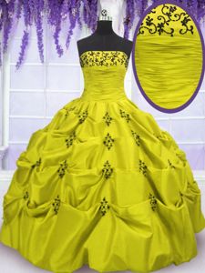 Floor Length Lace Up Quinceanera Dress Olive Green and In for Military Ball and Sweet 16 and Quinceanera with Embroidery and Ruffled Layers