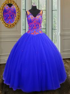 Dazzling Floor Length Zipper Sweet 16 Dresses Royal Blue and In for Military Ball and Sweet 16 and Quinceanera with Beading and Sequins