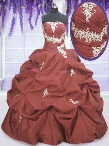 Vintage Sleeveless Taffeta Floor Length Lace Up Vestidos de Quinceanera in Rust Red for with Appliques and Pick Ups