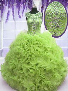 Traditional Ball Gowns Organza Scoop Sleeveless Beading and Ruffles Floor Length Lace Up 15 Quinceanera Dress