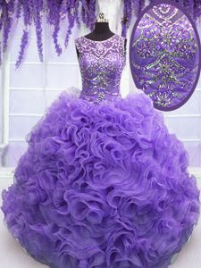 Scoop Beading and Ruffles Vestidos de Quinceanera Lavender Lace Up Sleeveless Floor Length