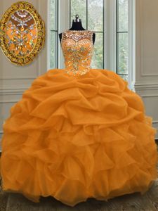 Pick Ups Floor Length Orange Red 15th Birthday Dress Strapless Sleeveless Lace Up