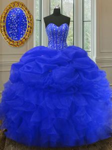 Royal Blue Lace Up Sweetheart Beading and Ruffles and Pick Ups Sweet 16 Quinceanera Dress Organza Sleeveless